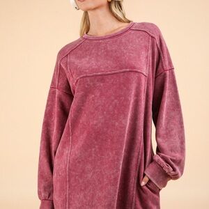 Pink Raglan Long Sleeve Crew Neck Sweater Dress